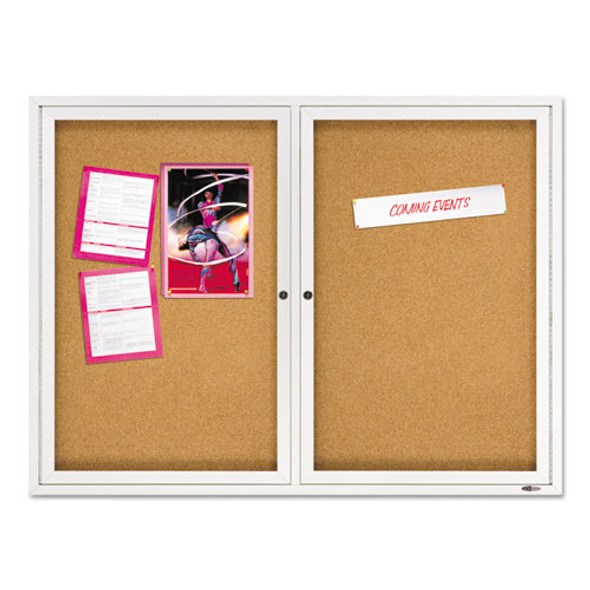 Enclosed Indoor Cork Bulletin Board with Two Hinged Doors, 48" x 36", Tan Surface, Satin Aluminum Frame