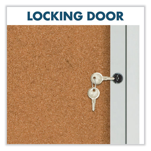 Enclosed Indoor Cork Bulletin Board with Two Hinged Doors, 48" x 36", Tan Surface, Satin Aluminum Frame
