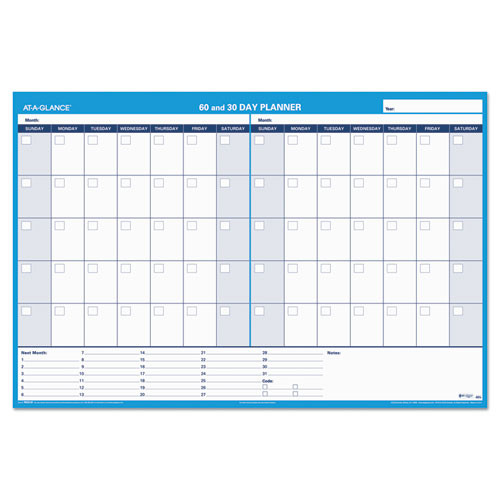 30/60-Day Undated Horizontal Erasable Wall Planner, 48 x 32, White/Blue Sheets, Undated