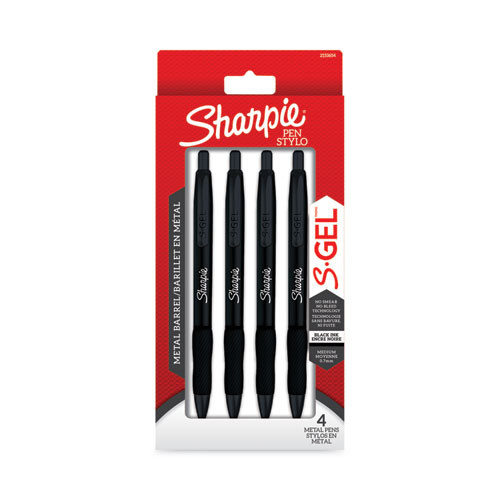 S-Gel Premium Metal Barrel Gel Pen, Retractable, Medium 0.7 mm, Black Ink, Black Barrel, 4/Pack