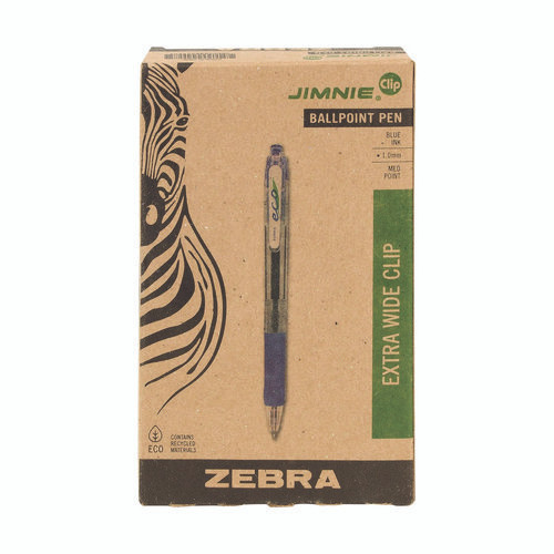 ECO Jimnie Clip Ballpoint Pen, Retractable, Medium 1 mm, Blue Ink, Clear/Blue Barrel, 12/Pack