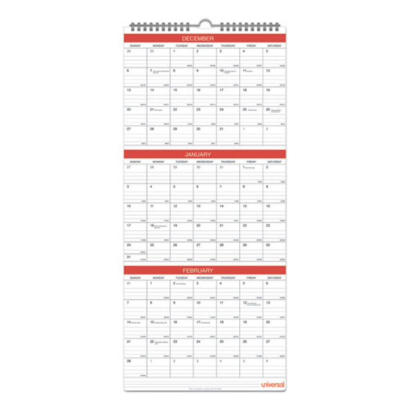 Three-Month Wall Calendar, 12 x 27, White/Red Sheets, 14-Month: Dec 2024 to Jan 2026