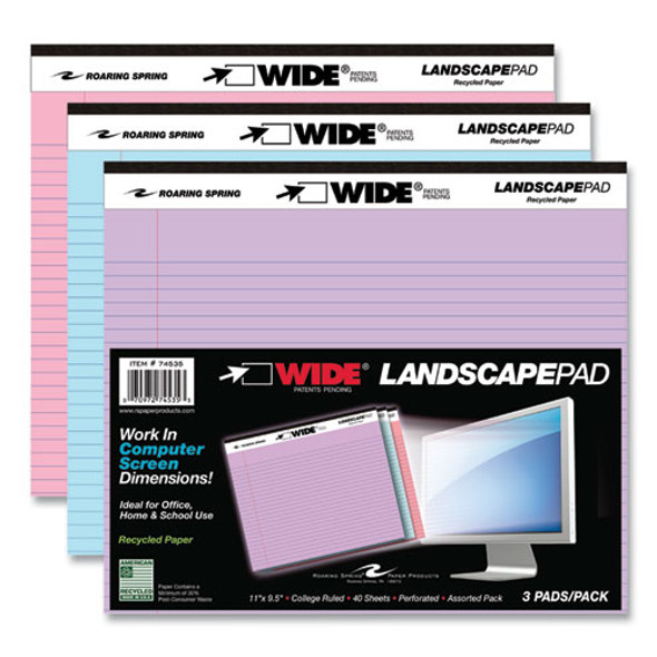 WIDE Landscape Format Writing Pad, Medium/College Rule, 40 Assorted Colors 11 x 9.5 Sheets, 12/Carton
