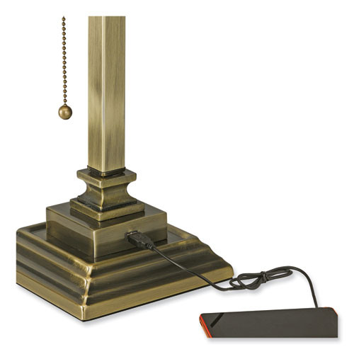 LED Banker's Lamp with Green Shade, USB Charging Port, Candlestick Neck, 15" High, Antique Brass