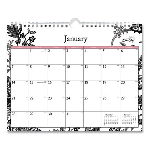Analeis Wall Calendar, Floral Artwork, 11 x 8.75, White/Black/Coral Sheets, 12-Month (Jan to Dec): 2025