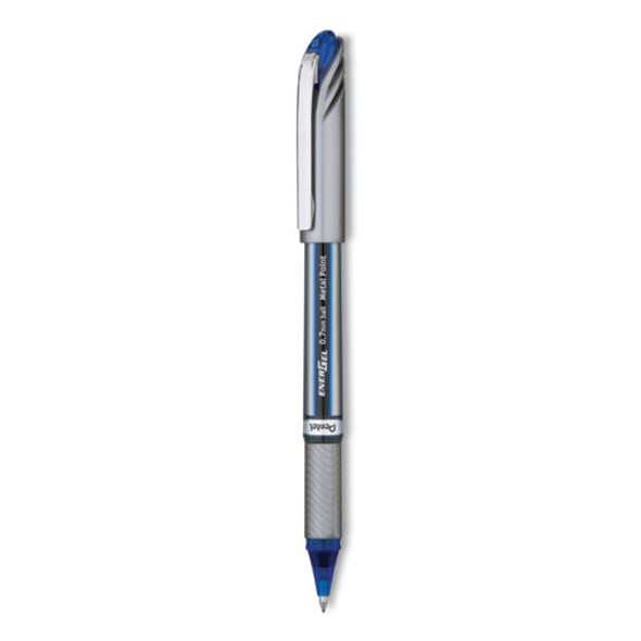 EnerGel NV Gel Pen, Stick, Medium 0.7 mm, Blue Ink, Gray/Black/Blue Barrel, Dozen