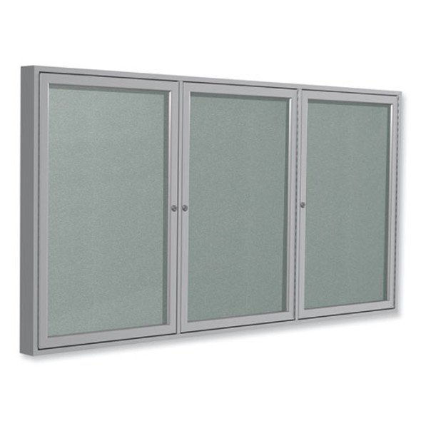 3 Door Enclosed Vinyl Bulletin Board with Satin Frame, 96" x 48", Silver Surface, Satin Aluminum Frame