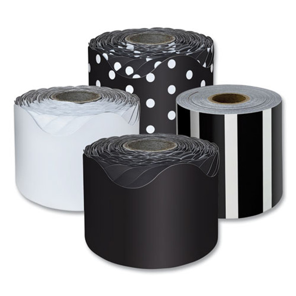 Rolled Scalloped Border Set, (2) Solid Colors, (1) Horizontal Stripes, (1) Polka Dots, 2.25" x 65 ft, Assorted Colors, 4/Set