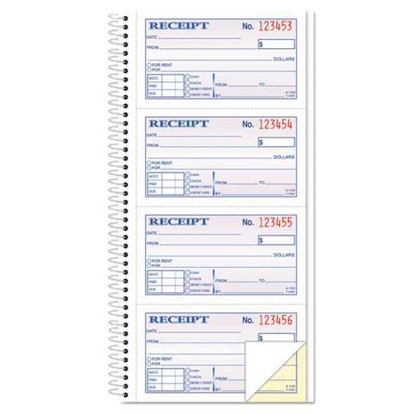 Spiralbound Money and Rent Receipt Book, Two-Part Carbonless, 4.75 x 2.75, 4 Forms/Sheet, 200 Forms Total