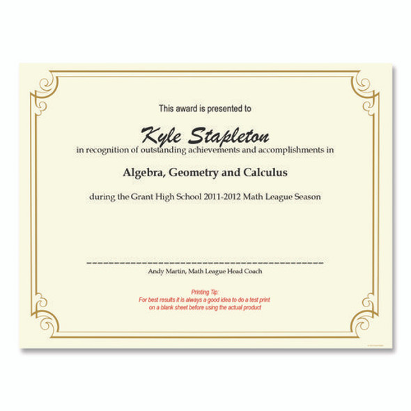 Golden Scroll Frame Foil Certificate, 11 x 8.5, Beige with Gold Scroll Border, 12/Pack