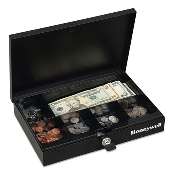 Low Profile Cash Box,1 Bill, 5 Coin Slots, Key Lock, 11.6 x 8 x 1.9, Steel, Black