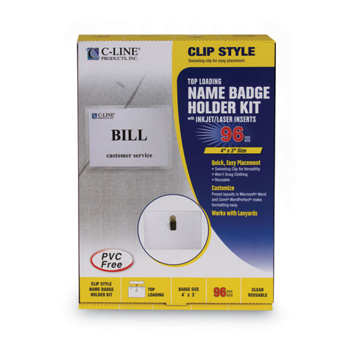 Name Badge Kits, Top Load, 4 x 3, Clear, Clip Style, 96/Box