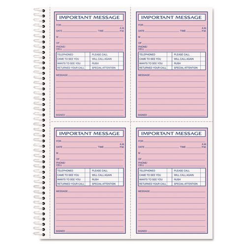 Telephone Message Book with Fax/Mobile Section, Two-Part Carbonless, 3.88 x 5.5, 4 Forms/Sheet, 200 Forms Total
