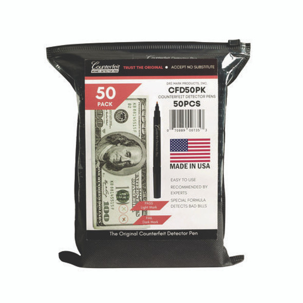 Counterfeit Bill Detector Marker Pen, 3 x 7.25 x 0.6, Black, 50/Pack