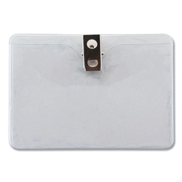 ID Badge Holders with Clip, Horizontal, Clear 4.13" x 3.38" Holder, 3.75" x 2.75" Insert, 50/Pack