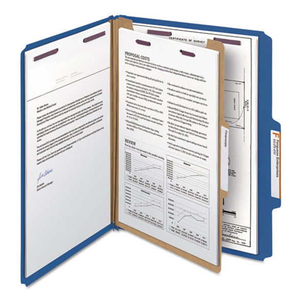 Four-Section Pressboard Top Tab Classification Folders, Four SafeSHIELD Fasteners, 1 Divider, Letter Size, Dark Blue, 10/Box