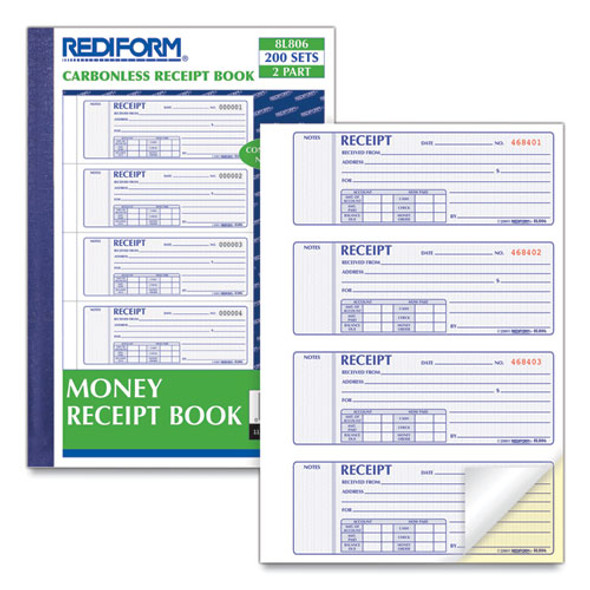 Money Receipt Book, Softcover, Two-Part Carbonless, 7 x 2.75, 4 Forms/Sheet, 200 Forms Total