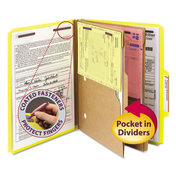 6-Section Pressboard Top Tab Pocket Classification Folders, 6 SafeSHIELD Fasteners, 2 Dividers, Letter Size, Yellow, 10/Box