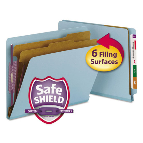 End Tab Pressboard Classification Folders, Six SafeSHIELD Fasteners, 2" Expansion, 2 Dividers, Letter Size, Blue, 10/Box