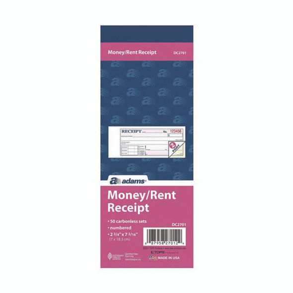 Money/Rent Receipt Book, Two-Part Carbonless, 6.69 x 2.75, 50 Receipts/Book, 5 Books/Pack