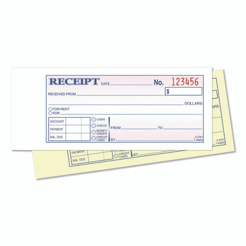Money/Rent Receipt Book, Two-Part Carbonless, 6.69 x 2.75, 50 Receipts/Book, 5 Books/Pack