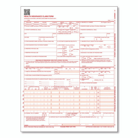 CMS-1500 Health Insurance Claim Form, One-Part (No Copies), 8.5 x 11, 250 Forms Total
