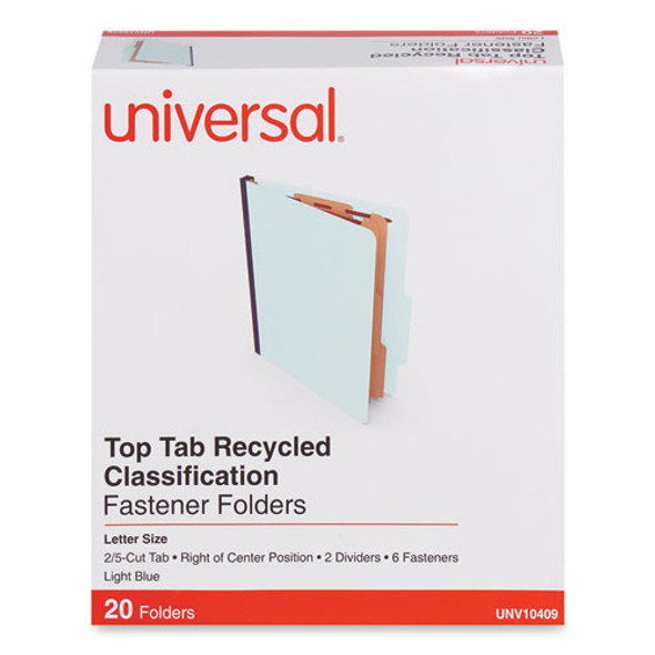 Six-Section Classification Folders, Heavy-Duty Pressboard Cover, 2 Dividers, 6 Fasteners, Letter Size, Light Blue, 20/Box