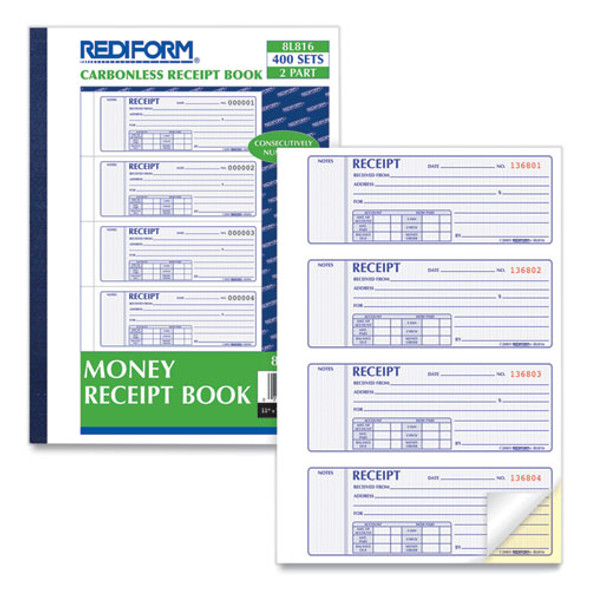 Receipt Book, Two-Part Carbonless, 7 x 2.75, 4 Forms/Sheet, 400 Forms Total