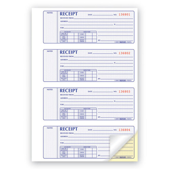 Receipt Book, Two-Part Carbonless, 7 x 2.75, 4 Forms/Sheet, 400 Forms Total