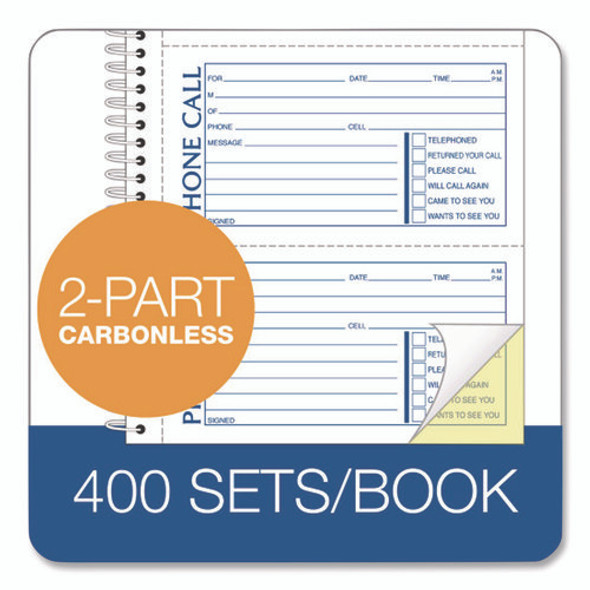 Wirebound Telephone Message Book, Two-Part Carbonless, 4.75 x 2.75, 4 Forms/Sheet, 400 Forms Total