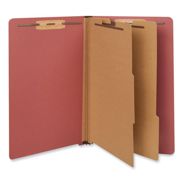 Red Pressboard End Tab Classification Folders, 2" Expansion, 2 Dividers, 6 Fasteners, Legal Size, Red Exterior, 10/Box