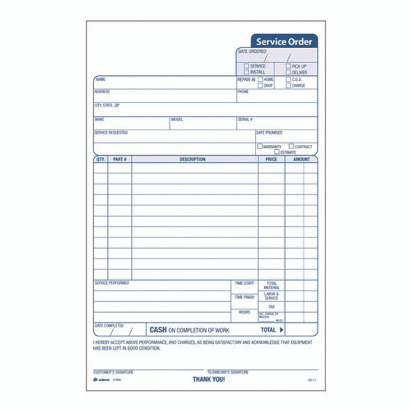 Work Order Form, Three-Part Carbonless, 5.66 x 9, 250 Sets/Pack