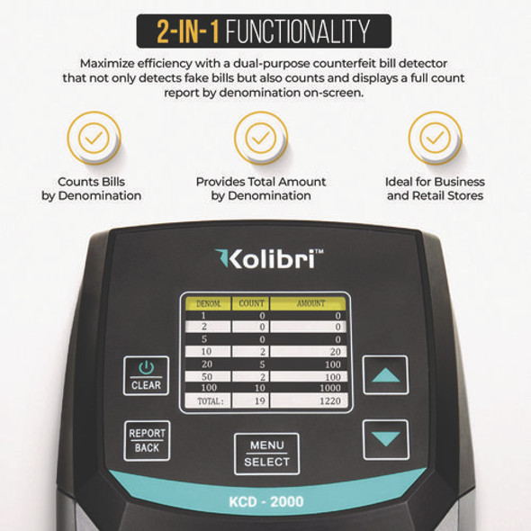 KCD-2000 Counterfeit Detector, IR Detector; Magnetic Strip Detection; UV Light, U.S. Currency, 5 x 6 x 5, Black/Gray