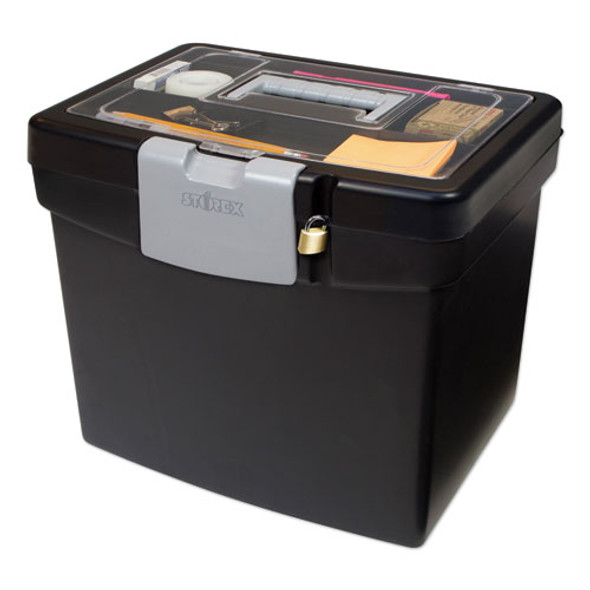 Portable File Box with Large Organizer Lid, Letter Files, 13.25" x 10.88" x 11", Black