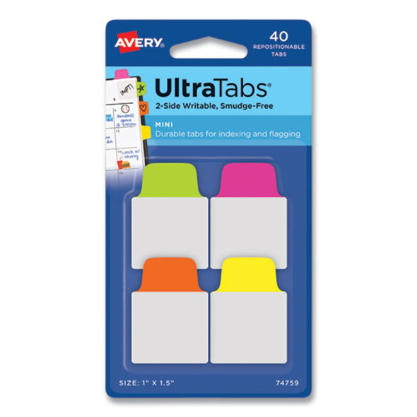 Ultra Tabs Repositionable Tabs, Mini Tabs: 1" x 1.5", 1/5-Cut, Assorted Neon Colors, 40/Pack