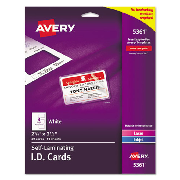 Laminated Laser/Inkjet ID Cards, 2 1/4 x 3 1/2, White, 30/Box