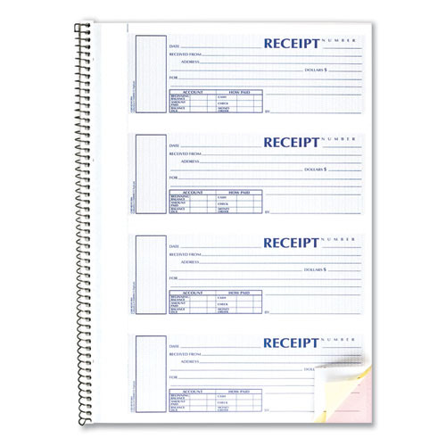 Spiralbound Unnumbered Money Receipt Book, Three-Part Carbonless, 7 x 2.75, 4 Forms/Sheet, 120 Forms Total