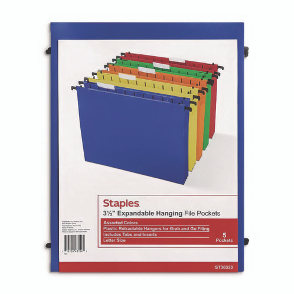 Plastic Hanging File Pockets, 1 Section, Letter Size, 1/5-Cut Tabs, Assorted Colors, 5/Pack