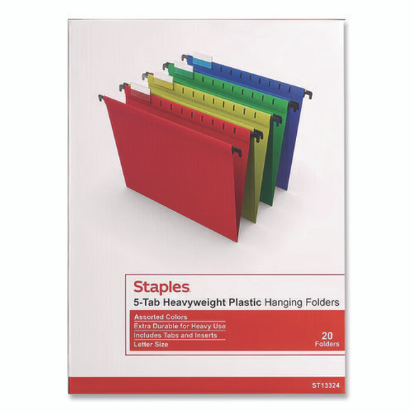 Plastic Hanging File Folders, Letter Size, 1/5-Cut Tabs, Assorted Colors, 20/Box