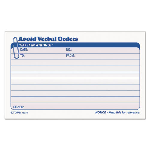 Avoid Verbal Orders Manifold Book, Two-Part Carbonless, 6.25 x 4.25, 50 Forms Total