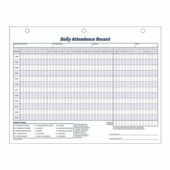 Attendance Records, One Part (No Copies), 11 x 8.5, 50 Forms Total