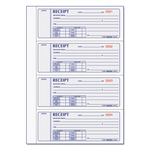 Money Receipt Book, Hardcover, Three-Part Carbonless, 7 x 2.75, 4 Forms/Sheet, 200 Forms Total