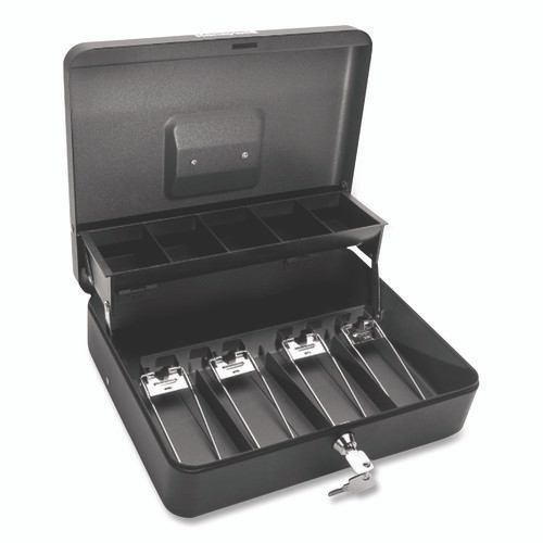 Tiered CantiDoor Lever Cash Box, 4 Bill, 5 Coin Slots, Key Lock, 11.9 x 9.7 x 3.5, Steel, Black