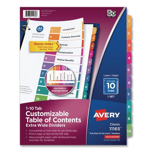 Customizable TOC Ready Index Multicolor Tab Dividers, Extra Wide Tabs, 10-Tab, 1 to 10, 11 x 9.25, White, 1 Set