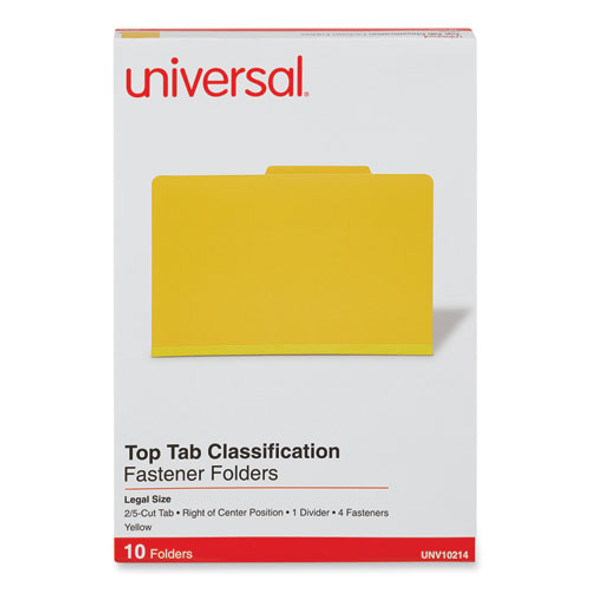 Bright Colored Pressboard Classification Folders, 2" Expansion, 1 Divider, 4 Fasteners, Legal Size, Yellow Exterior, 10/Box