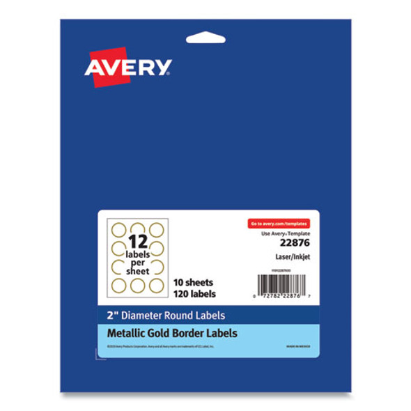 Round Labels, 2" dia, White with Gold Border, 12/Sheet, 10 Sheets/Pack