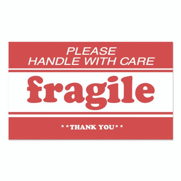 Pre-Printed Message Labels, Fragile-Please Handle with Care-Thank You, 2 x 3, White/Red, 500/Roll