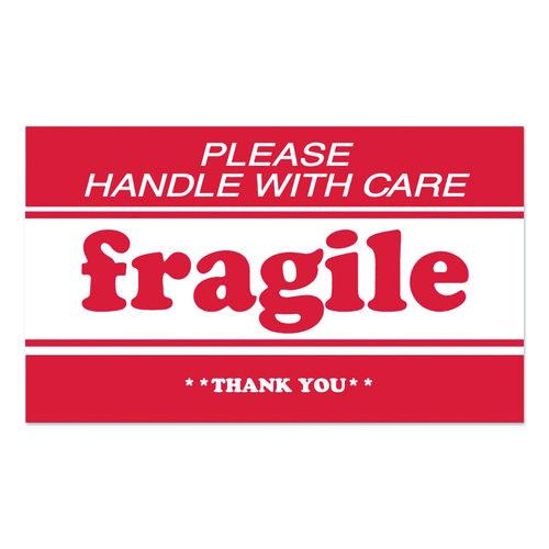 Pre-Printed Message Labels, Fragile-Please Handle with Care-Thank You, 2 x 3, White/Red, 500/Roll