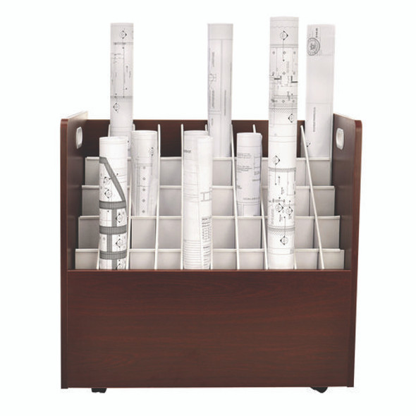 50-Compartment Mobile Wood Blueprint Rolled File Storage Organizer, 50 Compartments, 30 x 15.75 x 28.5, Mahogany
