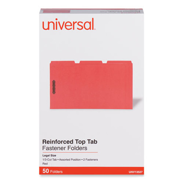Deluxe Reinforced Top Tab Fastener Folders, 0.75" Expansion, 2 Fasteners, Legal Size, Red Exterior, 50/Box
